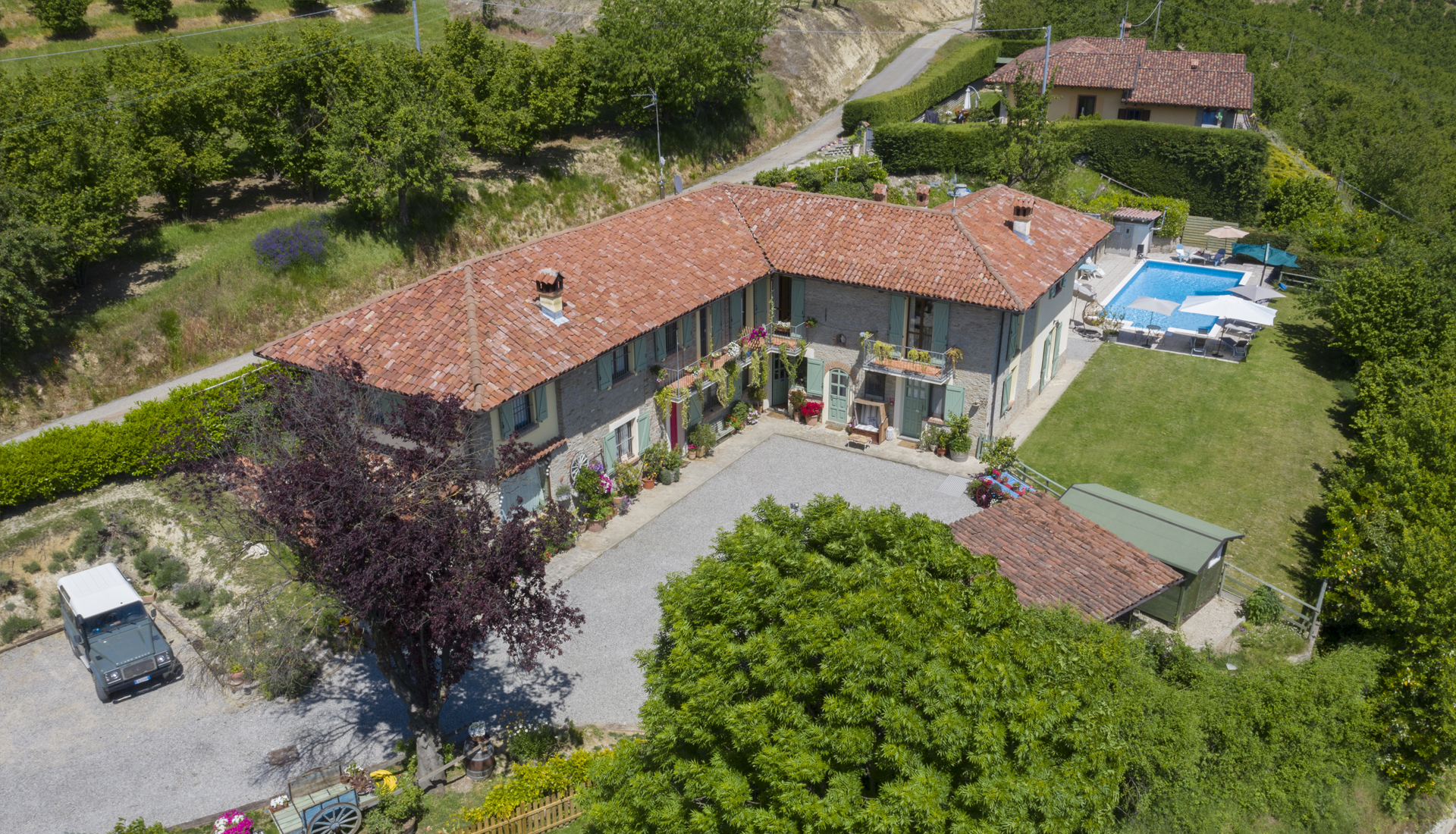 An aerial view of La Lepre Danzante a B&B style, family-run guest house near Alba, Italy